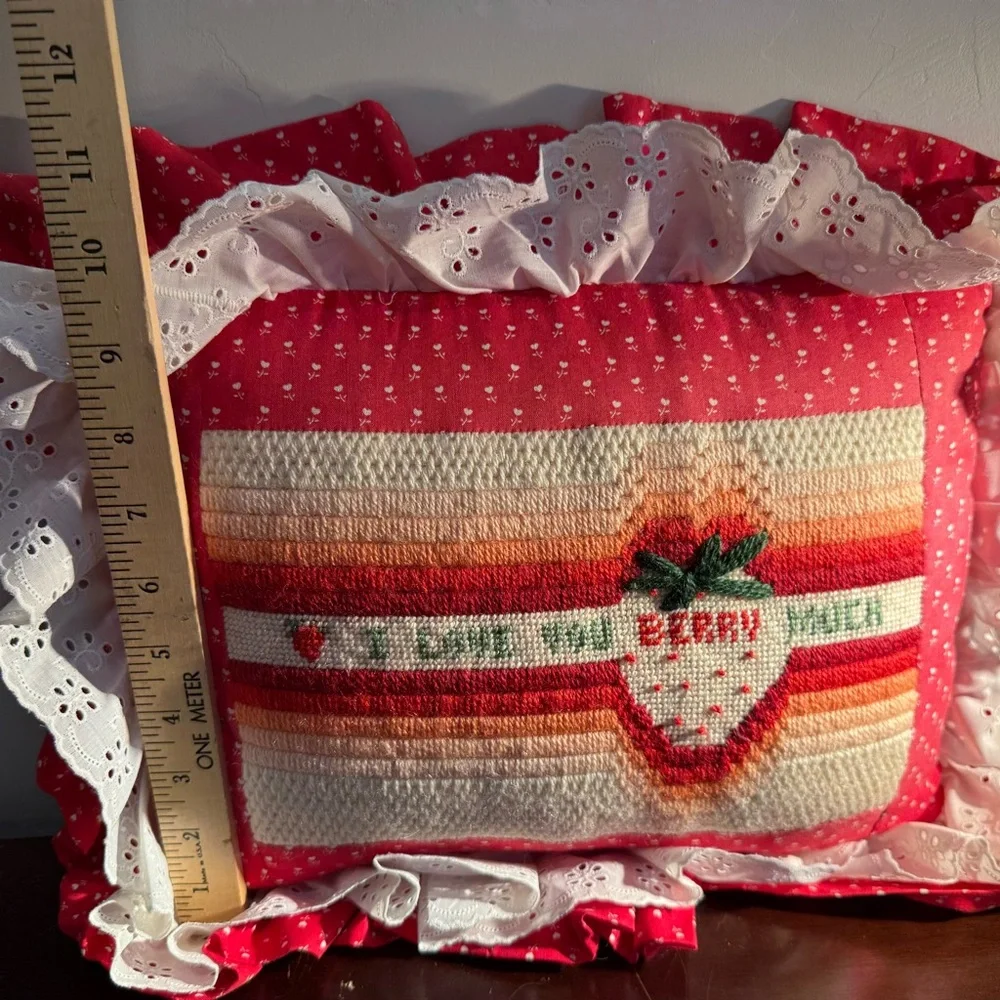 Strawberry Embroidered Pillow cottage core, grannycore  handmade raffled‎